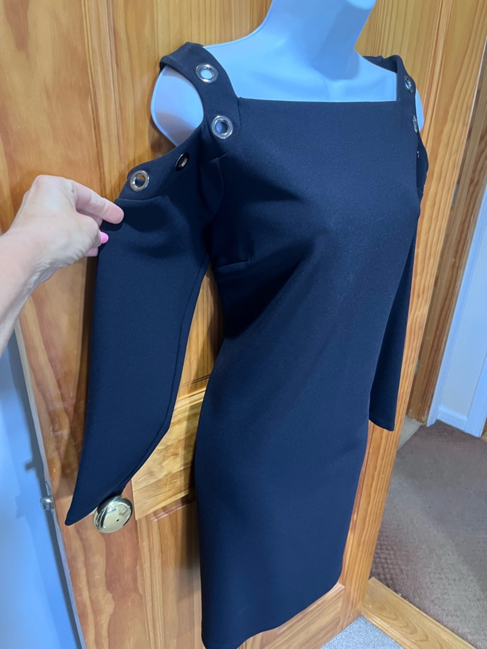 Boston Proper Beyond Travel Black Cold-Shoulder Dress with Silver Grommets